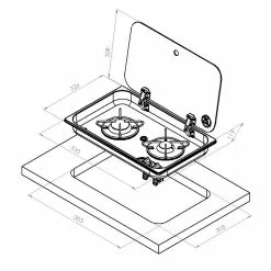 Navy Load Built In Stainless Steel Double Burner Hob With Glass Lid NL.21002 -Kitchen And Bathroom Equip Shop NL.21002 dims 30149.1676738265